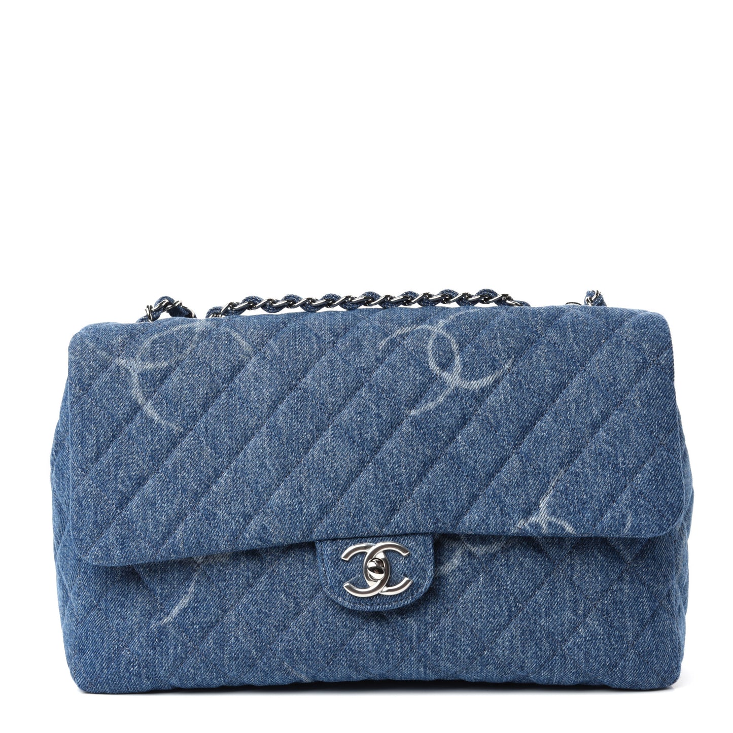 Denim Quilted CC Print Jumbo Single Flap Blue