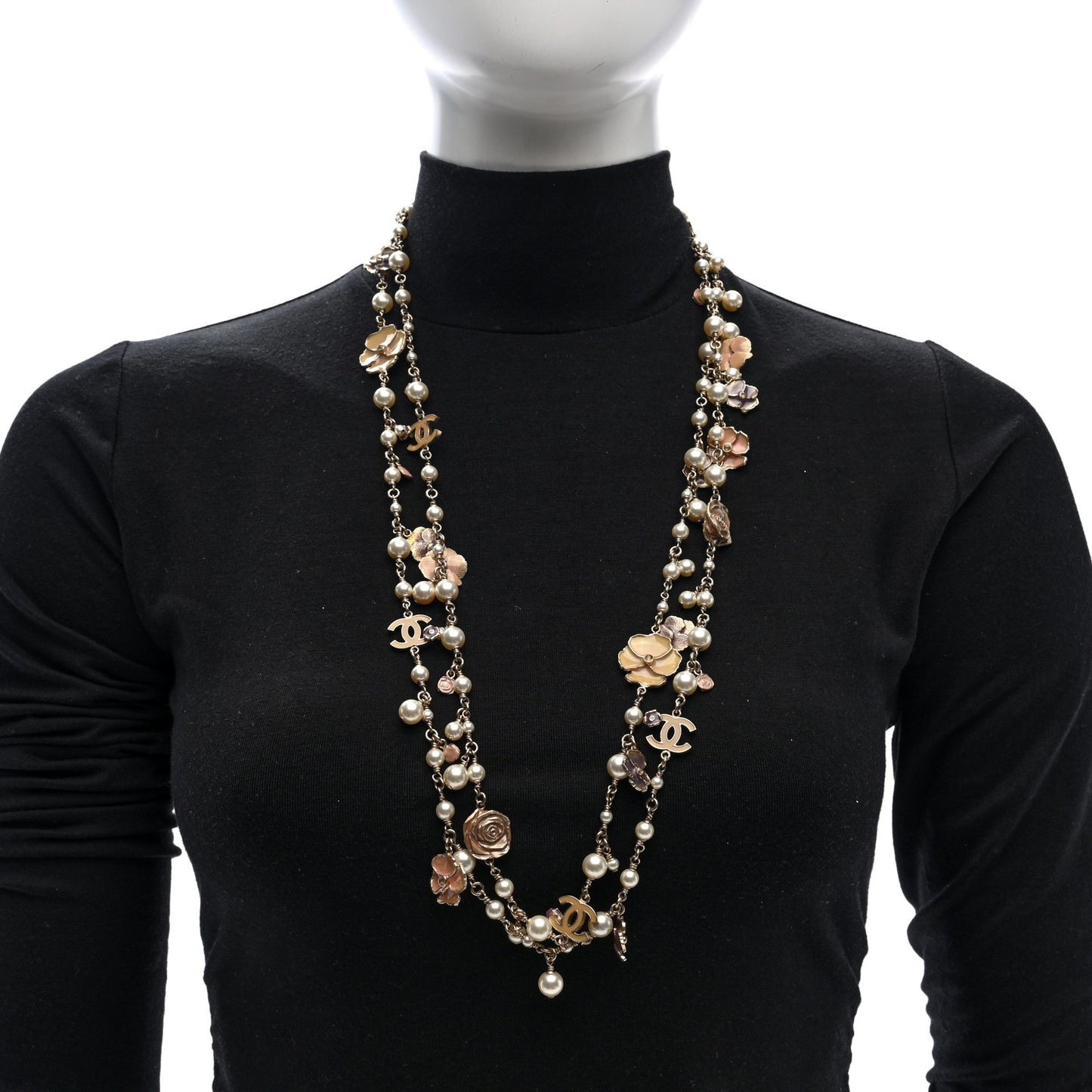 Pearl Enamel CC Camellia Long Necklace Gold Beige Pink