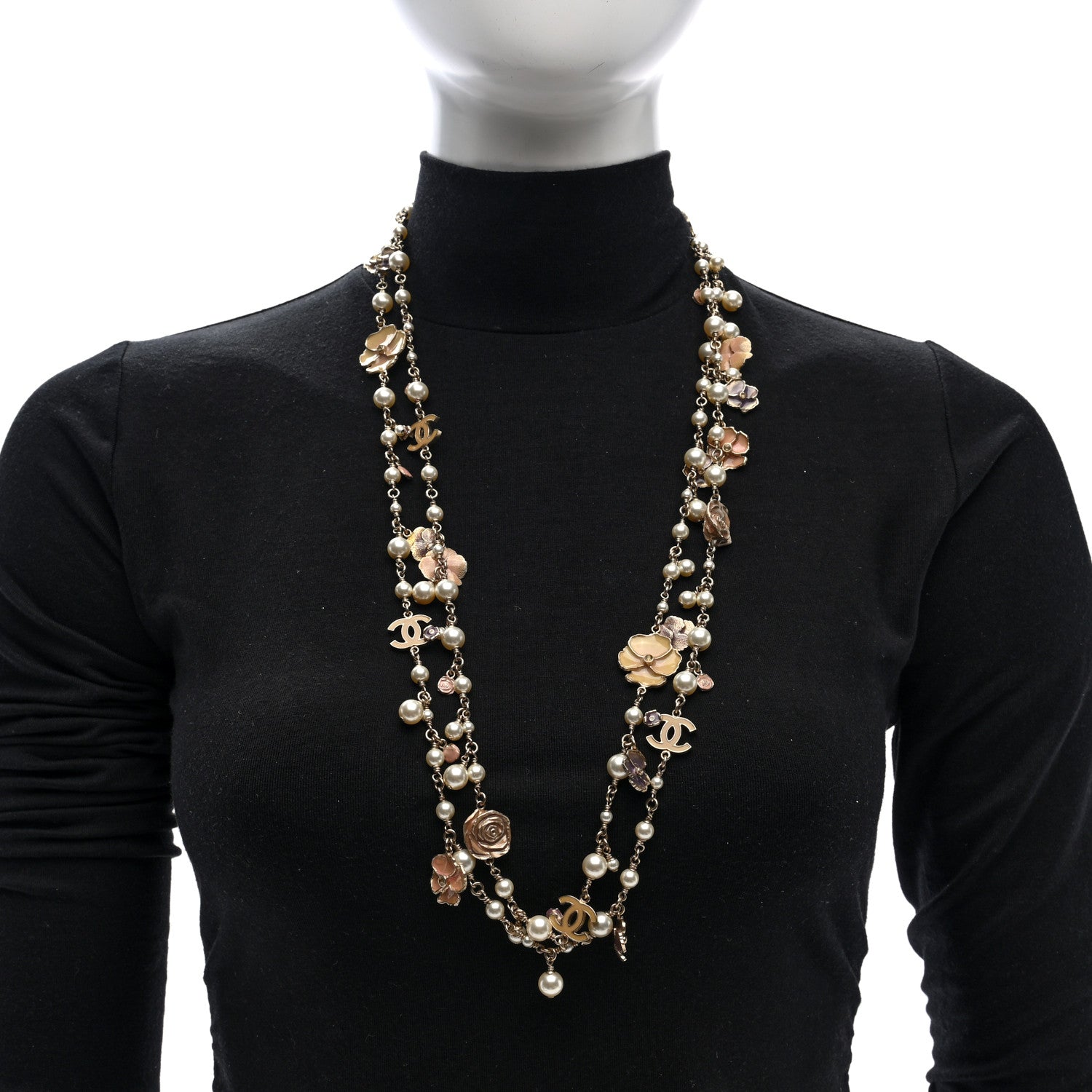 Chanel Pearl Enamel CC Camellia Long Necklace Gold Beige Pink 2 of 4