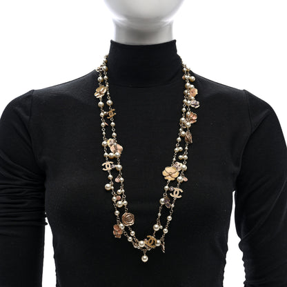 Chanel Pearl Enamel CC Camellia Long Necklace Gold Beige Pink 2 of 4