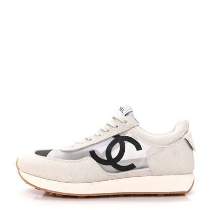 Chanel Mesh Suede Calfskin Womens CC Sneakers 39.5 White Black 1 of 8