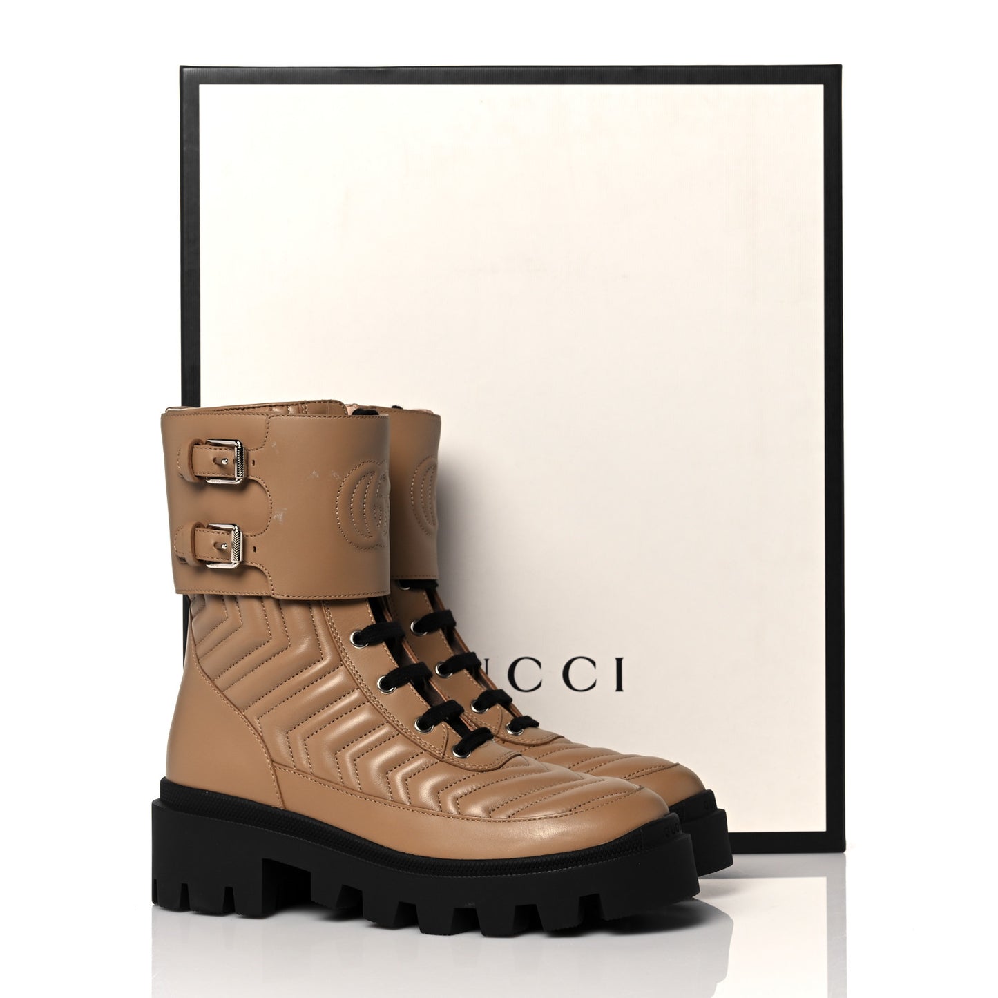 Nappa Frances GG Matelasse Platform Combat Boots 37 Natural Tan