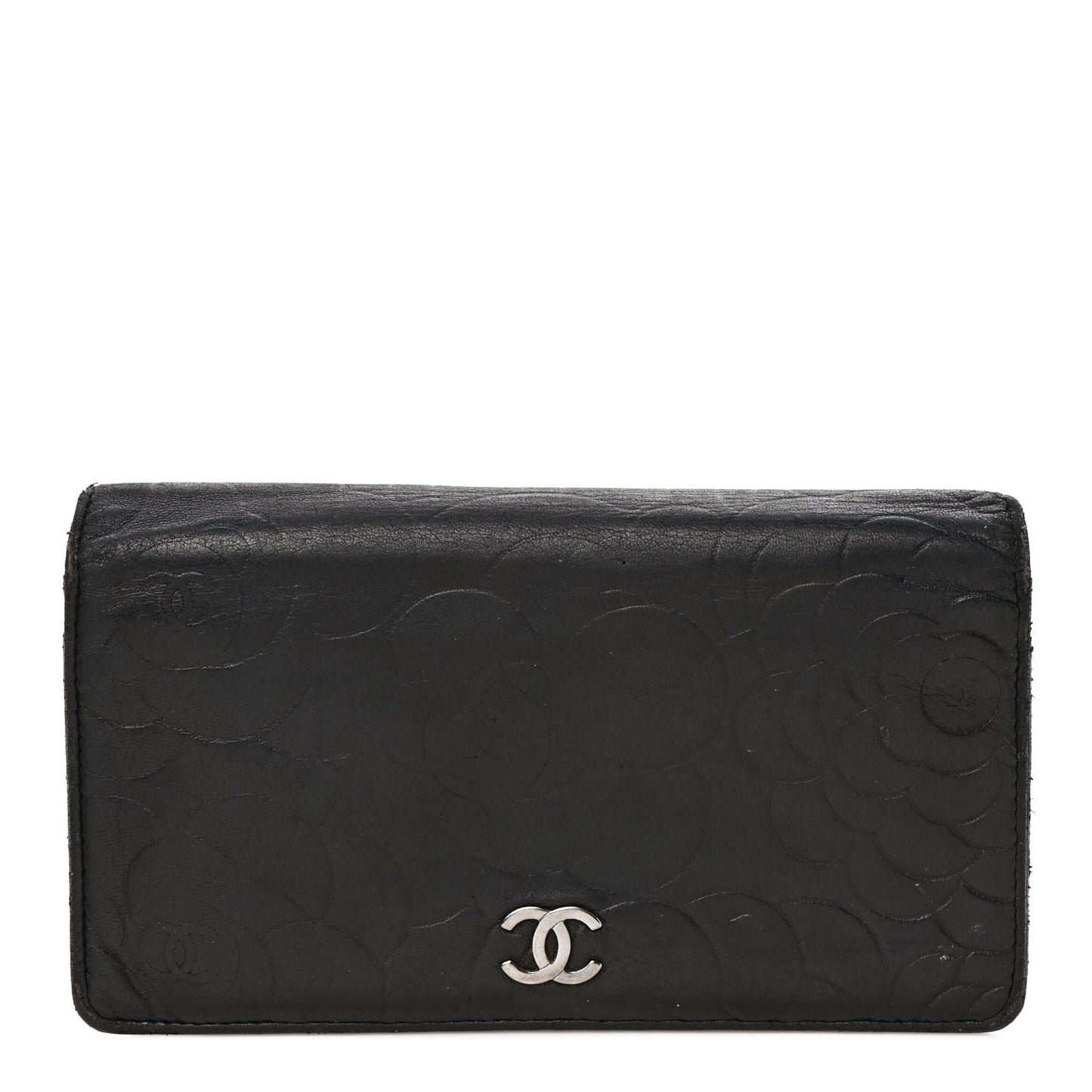Lambskin Camellia Embossed Yen Wallet Black