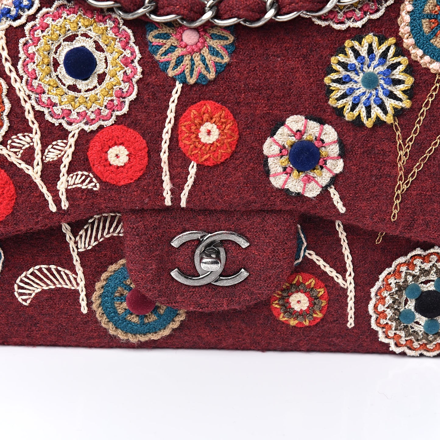 Felt Flower Embroidered Jumbo Double Flap Burgundy Multicolor