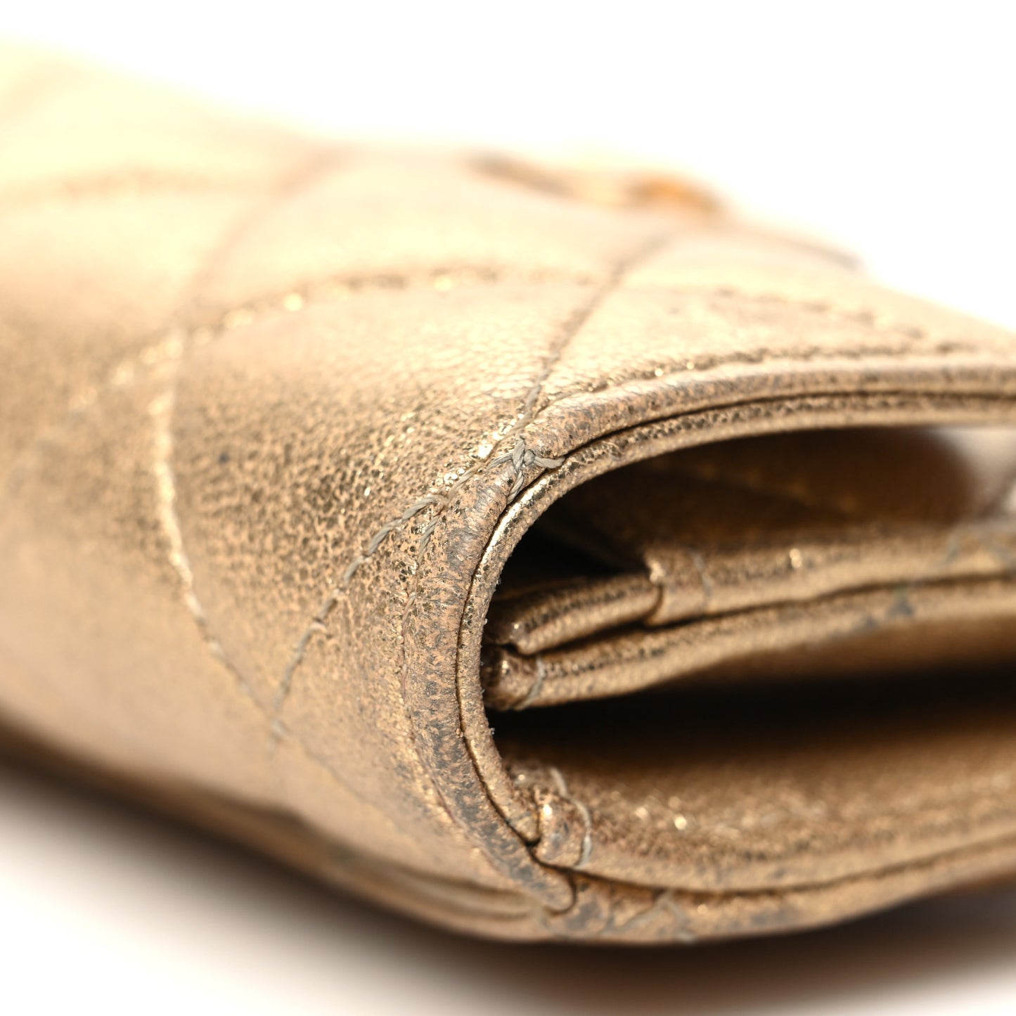 Metallic Lambskin Quilted Flap Card Holder Wallet Gold