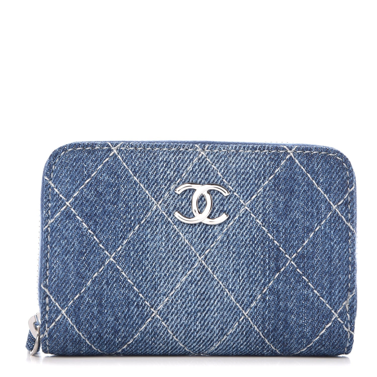Chanel Denim Quilted Zip Coin Purse Blue 1 of 8