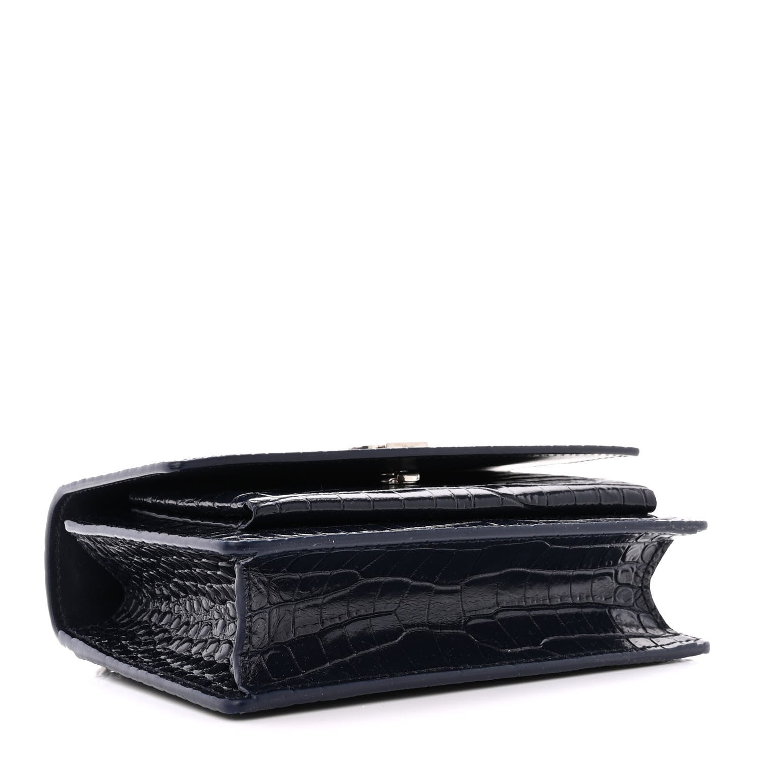 Saint Laurent Calfskin Crocodile Embossed Monogram Sunset Chain Wallet Navy 4 of 11