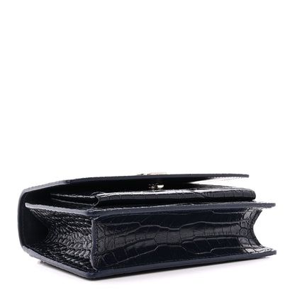 Saint Laurent Calfskin Crocodile Embossed Monogram Sunset Chain Wallet Navy 4 of 11