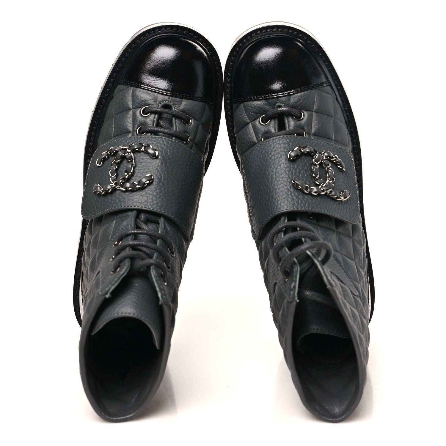 Chanel Calfskin Shiny Calfskin Quilted Lace Up Combat Boots 36 Dark Grey Black 2 of 11