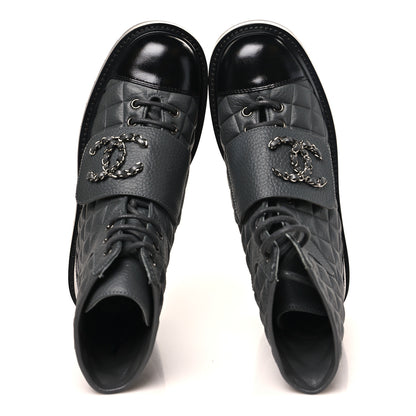 Chanel Calfskin Shiny Calfskin Quilted Lace Up Combat Boots 36 Dark Grey Black 2 of 11