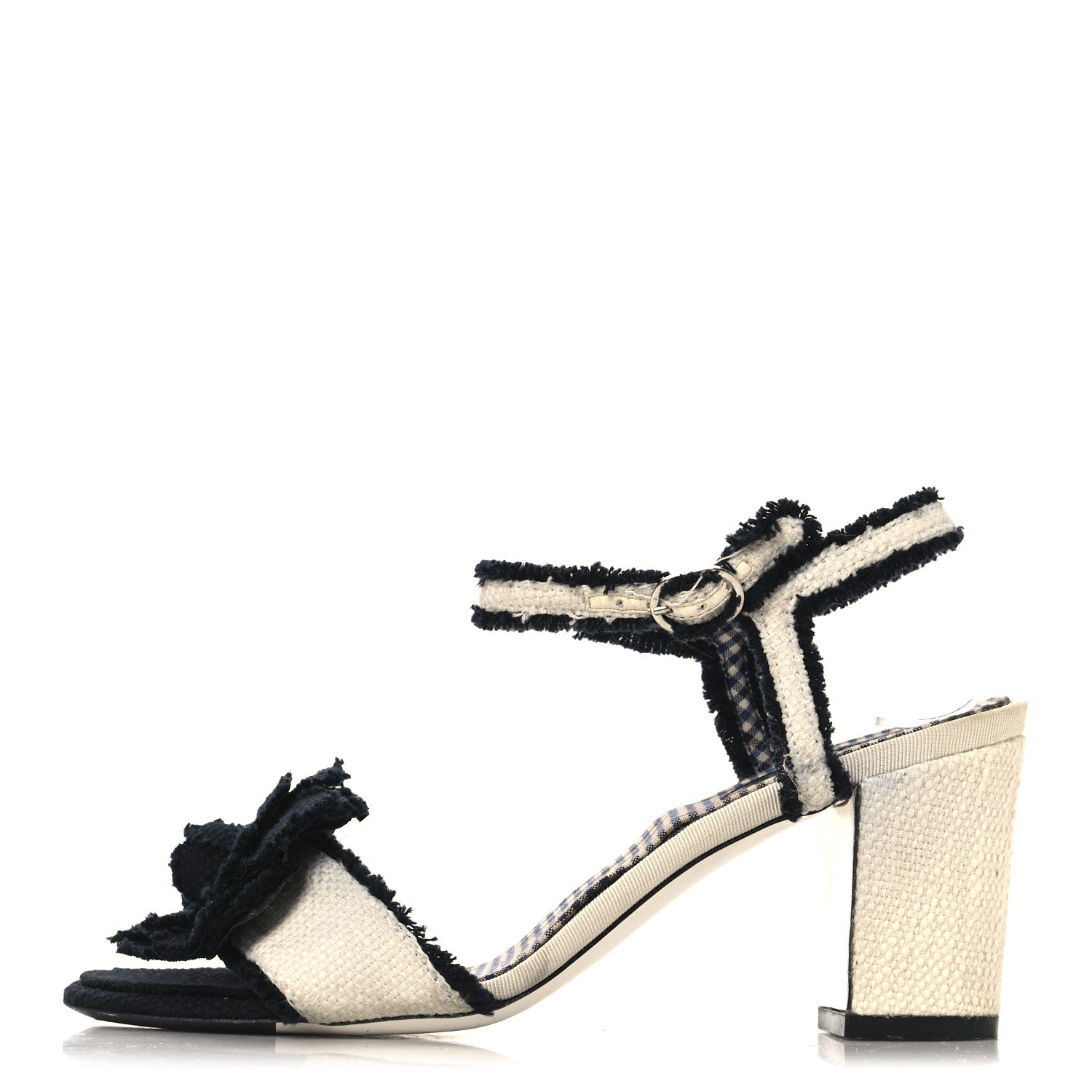 Chanel Tweed Camelia CC Block Heel Sandals 38 Ecru Black 1 of 9