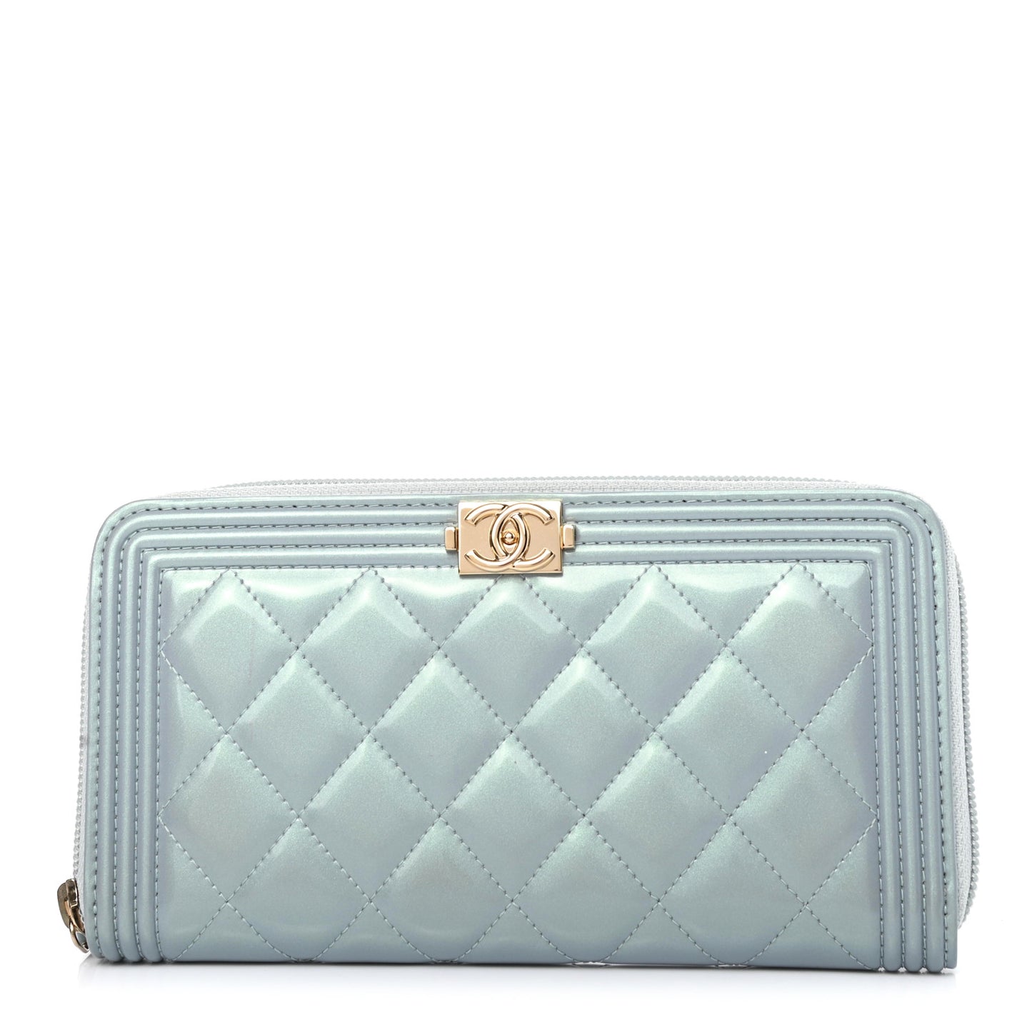 Metallic Patent Calfskin Quilted Boy L-Gusset Zip Wallet Light Blue