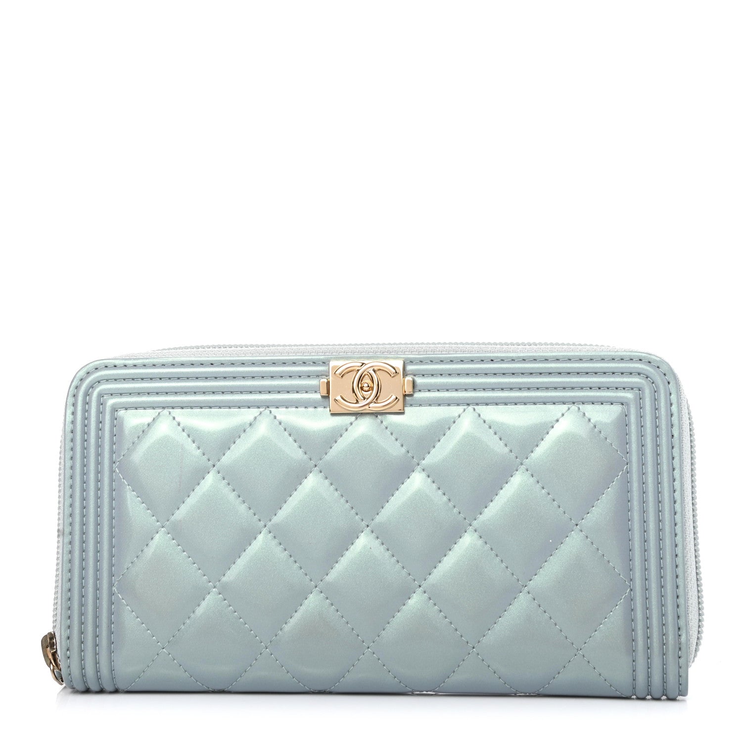 Chanel Metallic Patent Calfskin Quilted Boy L-Gusset Zip Wallet Light Blue 1 of 7