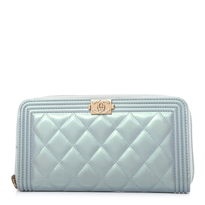 Chanel Metallic Patent Calfskin Quilted Boy L-Gusset Zip Wallet Light Blue 1 of 7