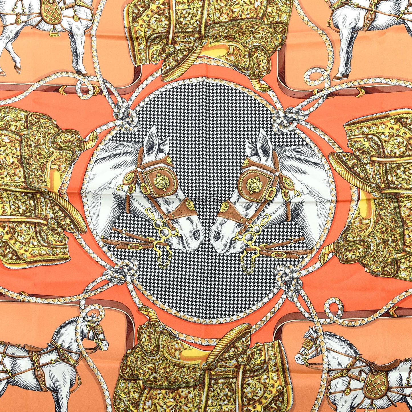 Silk Horses and Tassels Print Scarf Orange