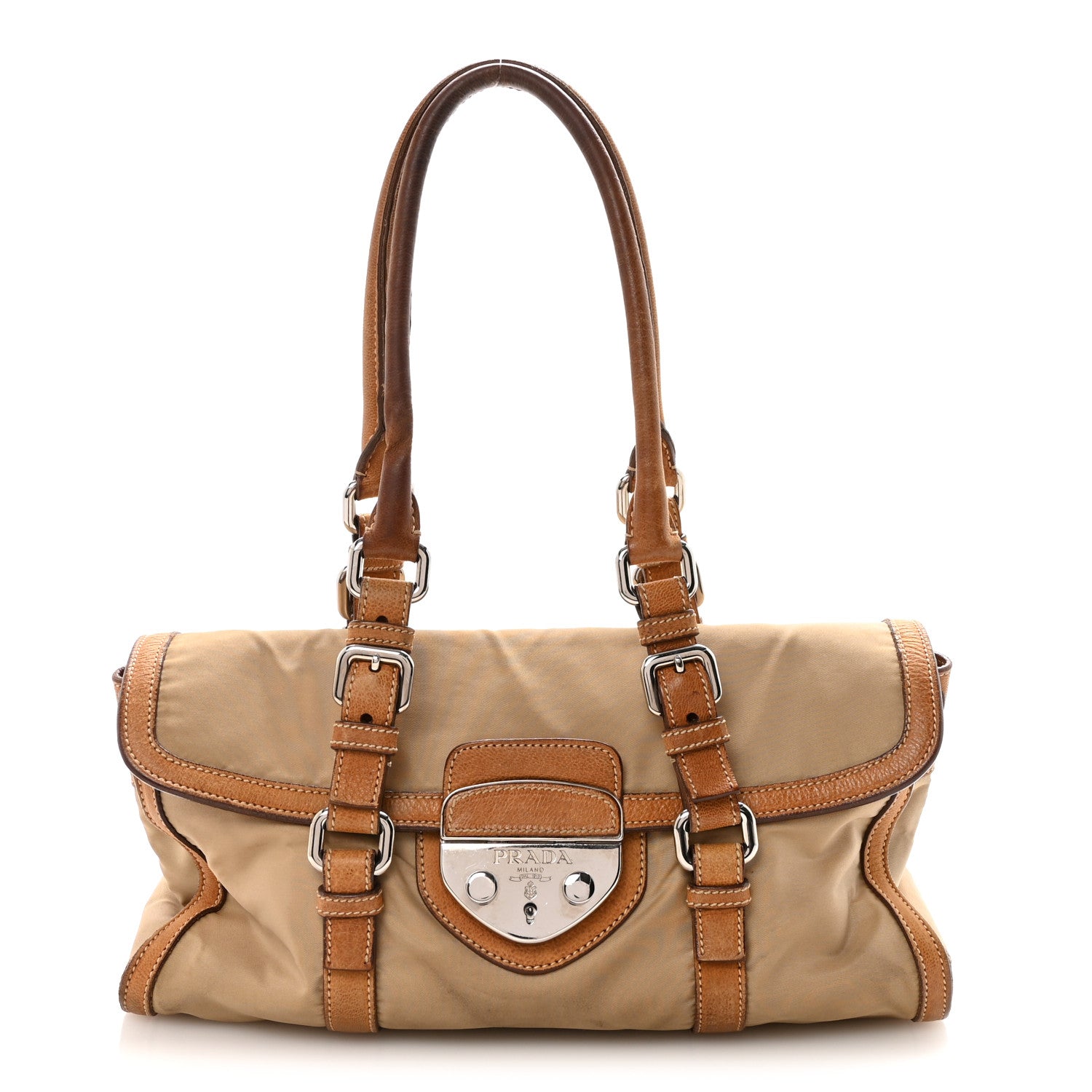 Prada Tessuto Nylon Vitello Foldover Pushlock Satchel Beige 1 of 10