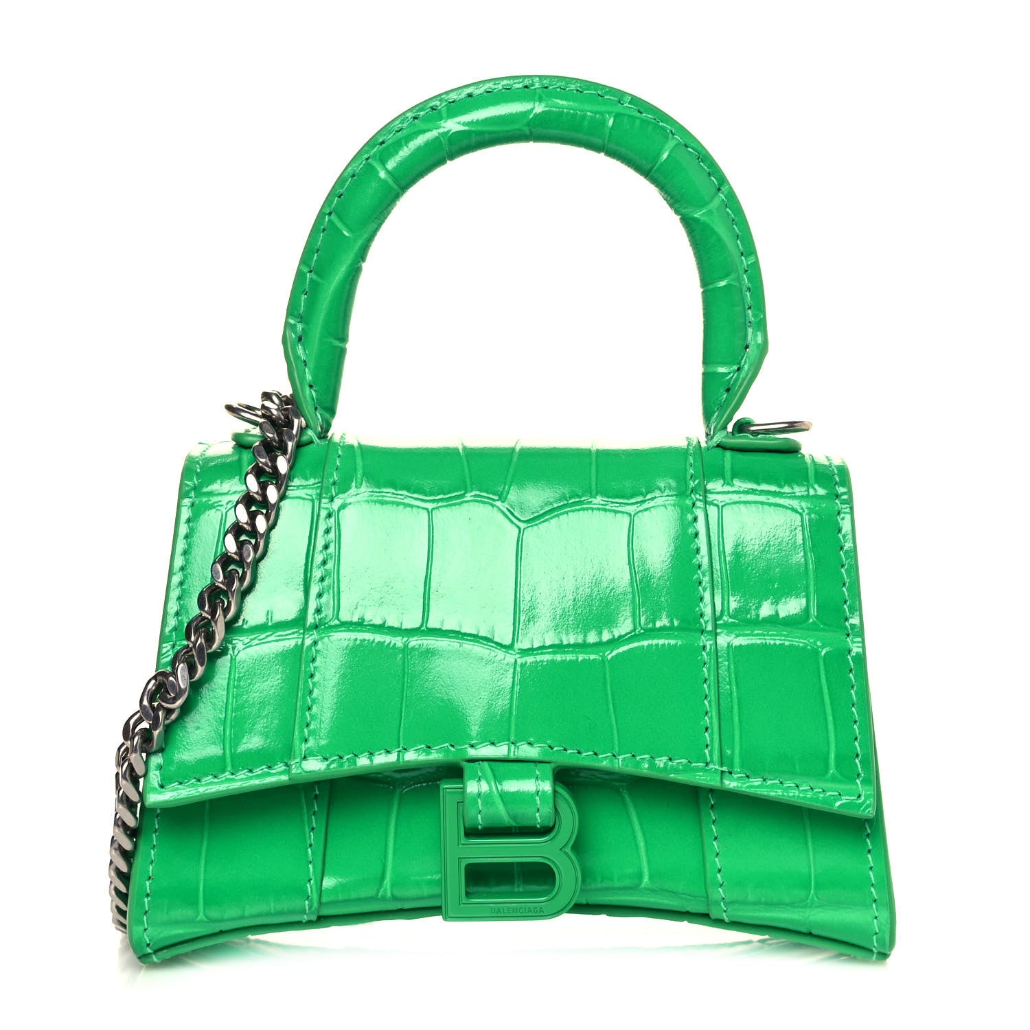 Balenciaga Shiny Calfskin Tonal B Crocodile Embossed Hourglass Top Handle Bag Mini with Chain Vivid Green 1 of 10