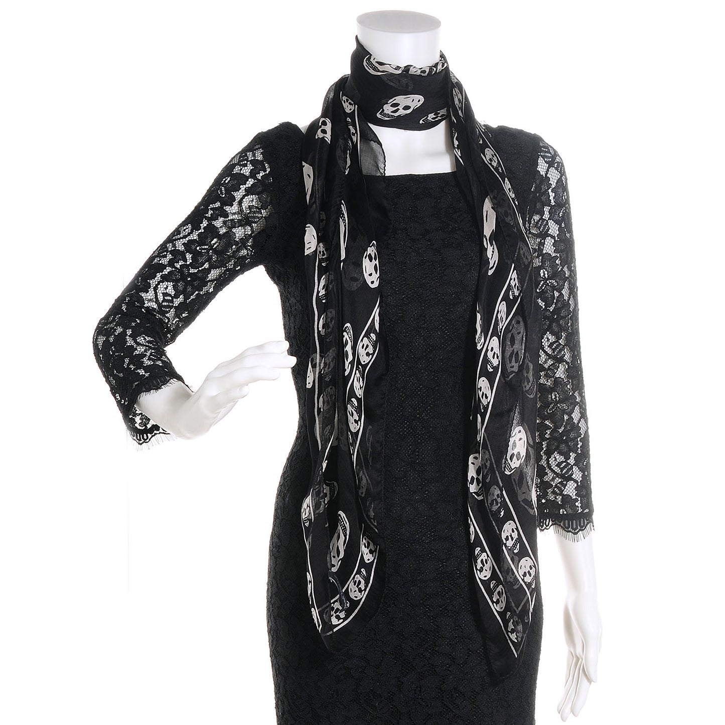 Silk Chiffon Skull Scarf Black Ivory