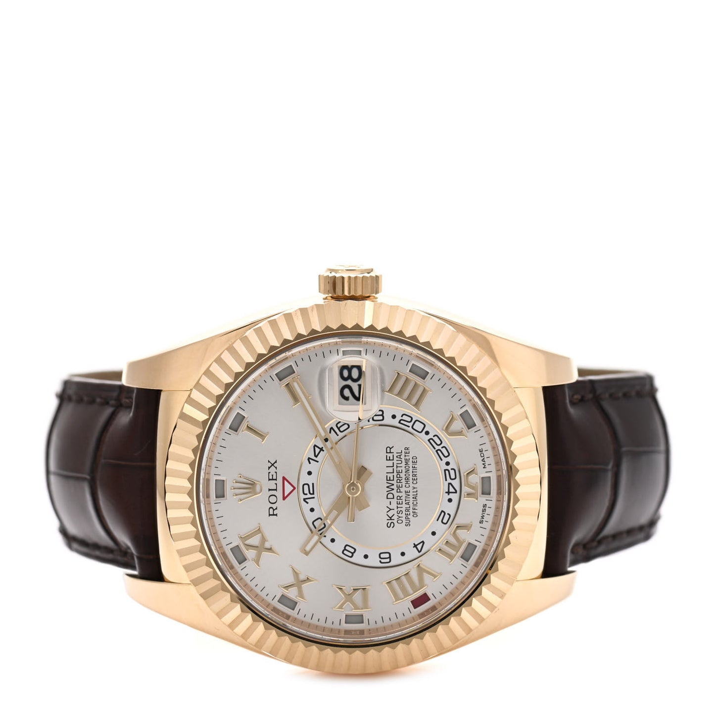18K Yellow Gold Alligator 42mm Oyster Perpetual Sky-Dweller Watch White Roman 326138