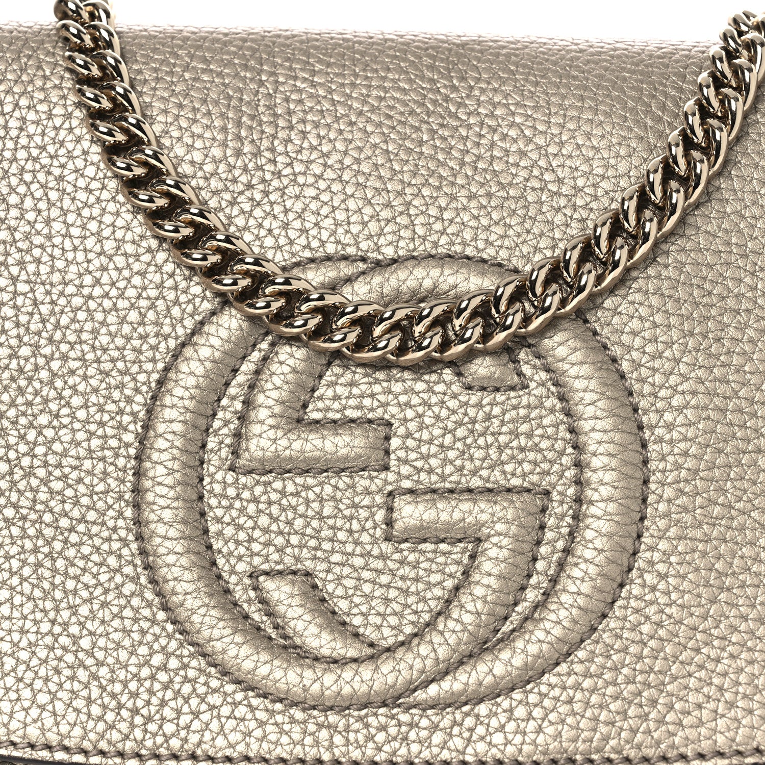 Gucci Metallic Pebbled Calfskin Medium Soho Flap Crossbody Golden Beige 8 of 13