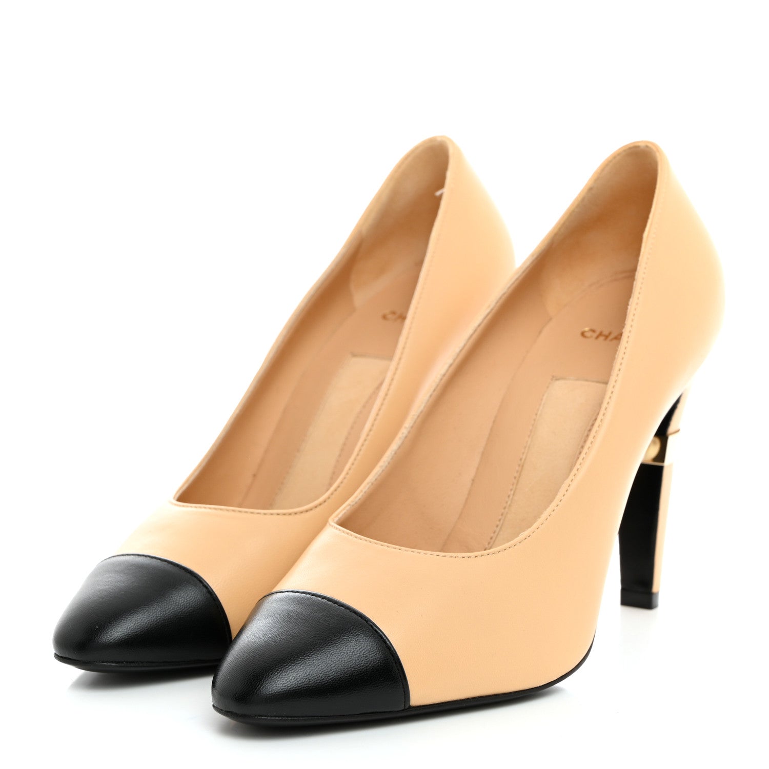 Chanel Lambskin Patent Cap Toe Pearl Pumps 37.5 Beige Black 3 of 9