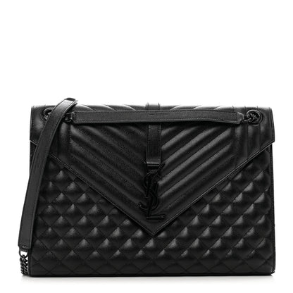 Saint Laurent Grain De Poudre Textured Mixed Matelasse Large Triquilt Monogram Monochrome Satchel Black 1 of 11