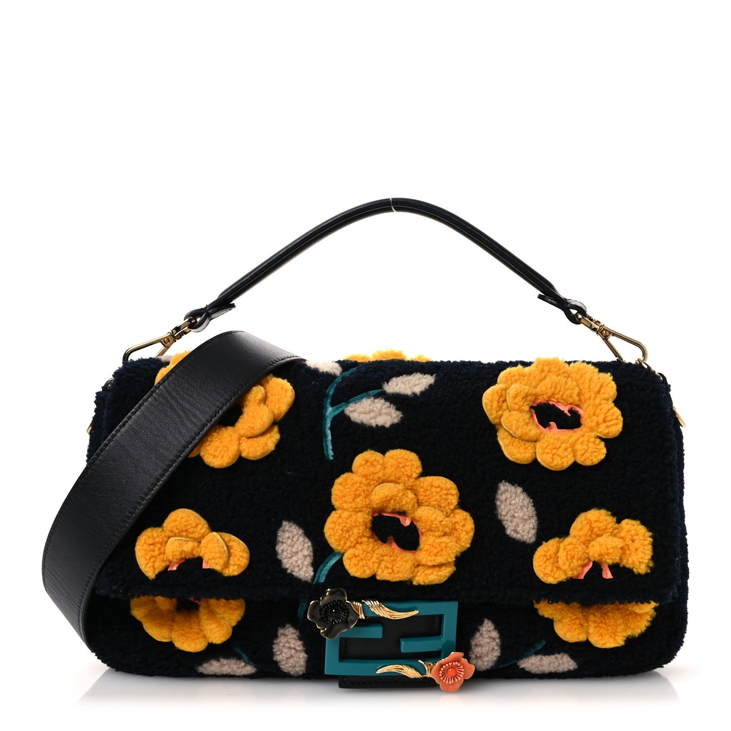 Shearling Vitello Dolce Flowers Large Baguette Blue Multicolor
