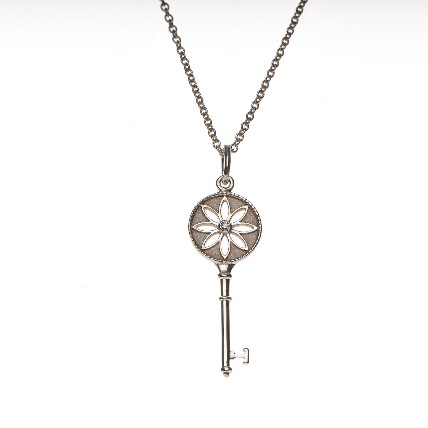 Sterling Silver Diamond Small Daisy Key Pendant Necklace