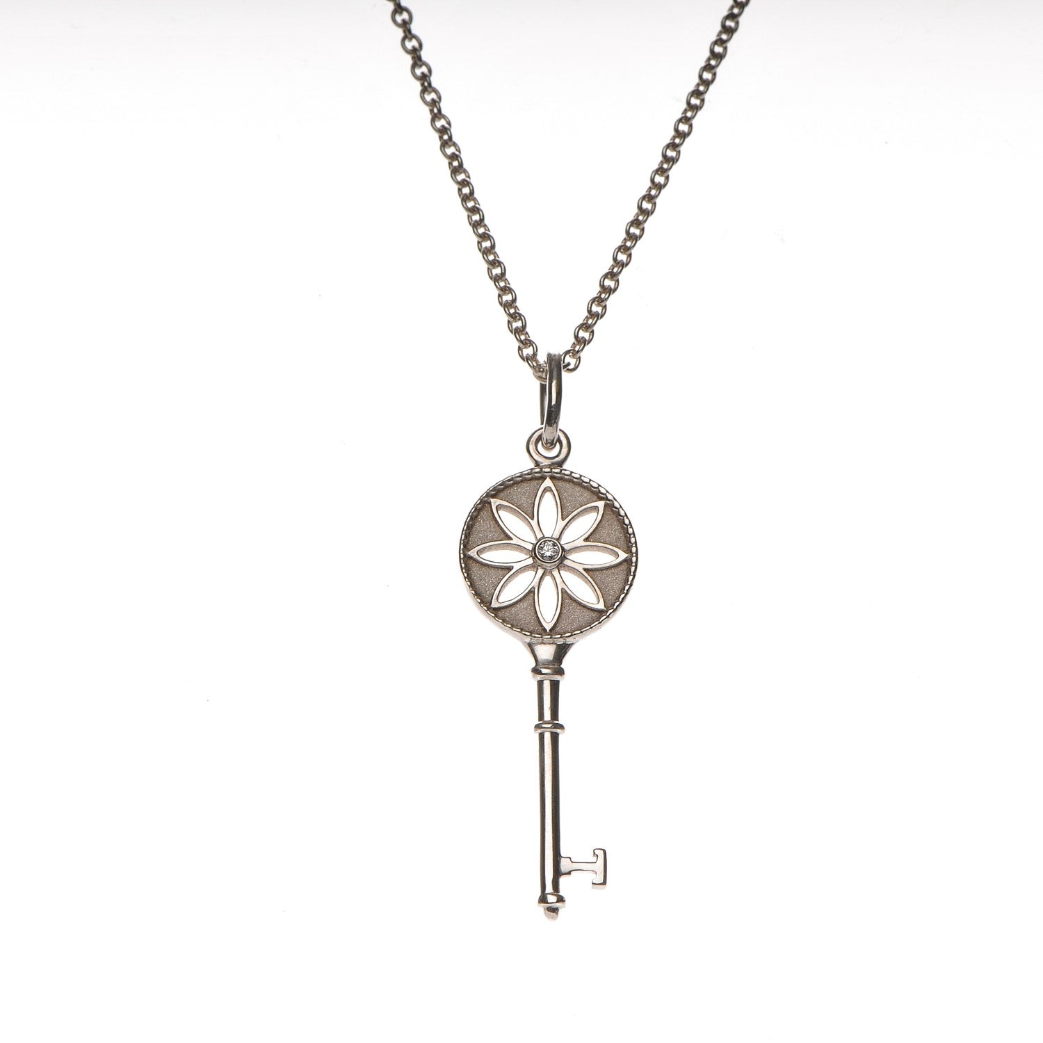 Tiffany Sterling Silver Diamond Small Daisy Key Pendant Necklace 4 of 8