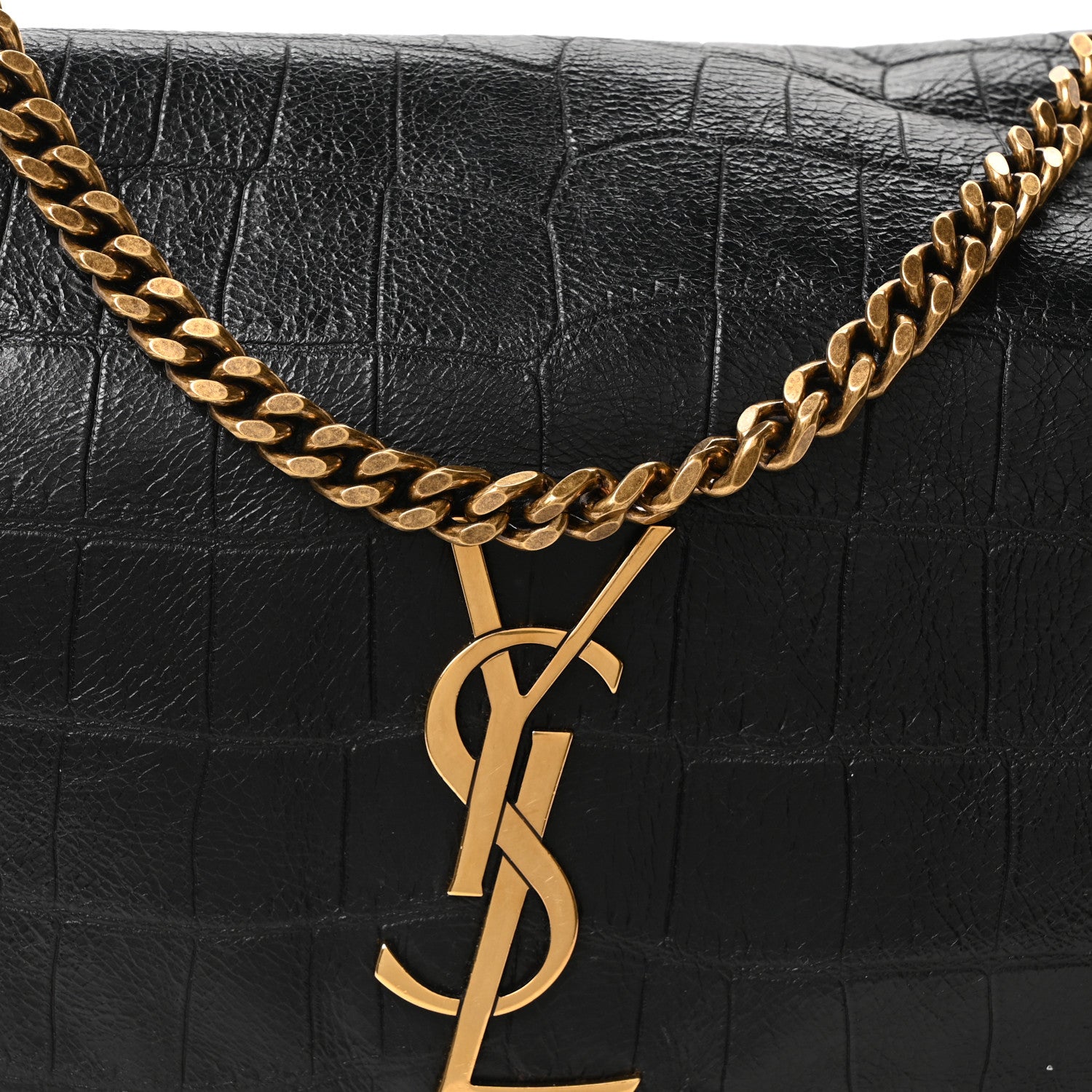 Saint Laurent Calfskin Crocodile Embossed Suede Medium Reversible Monogram Kate Satchel Military Taupe 8 of 10