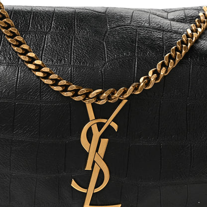 Saint Laurent Calfskin Crocodile Embossed Suede Medium Reversible Monogram Kate Satchel Military Taupe 8 of 10