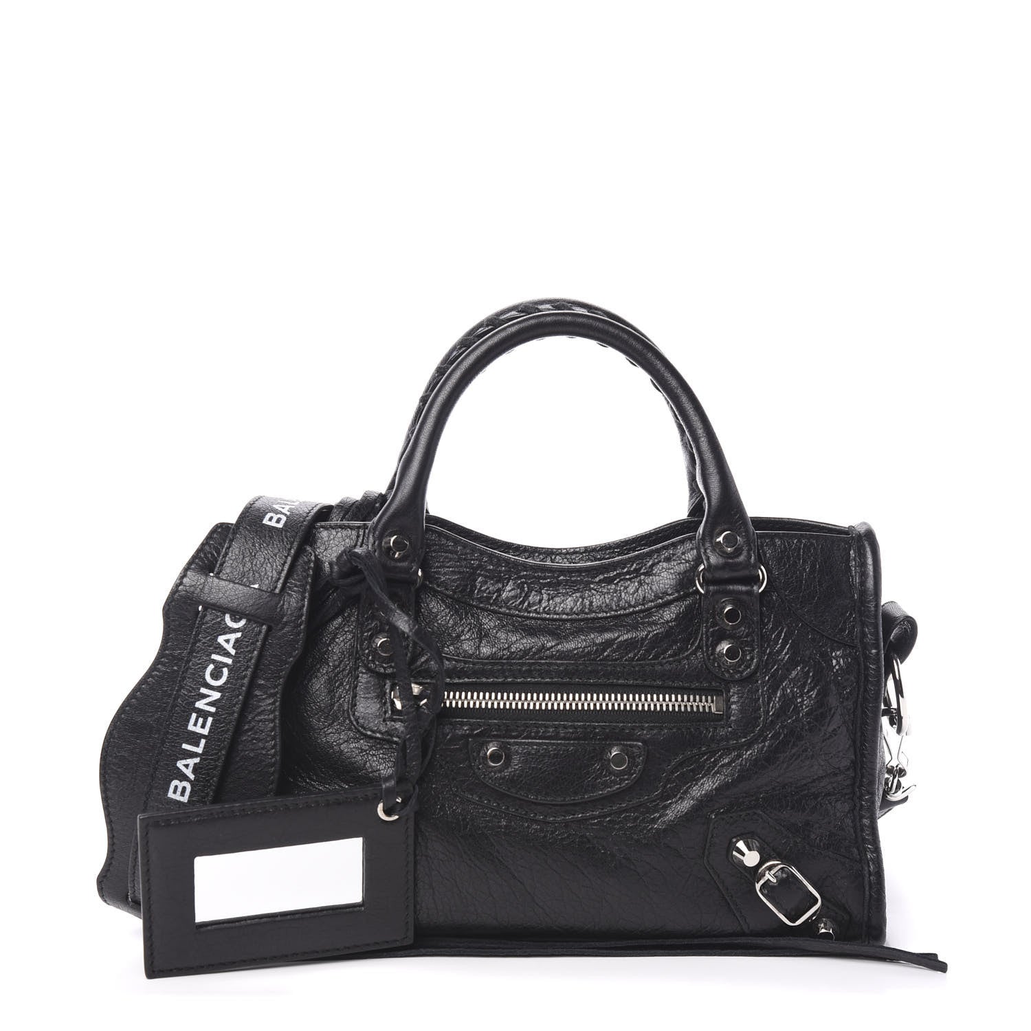 Balenciaga Agneau Classic Silver Hardware Mini City Logo Strap Black White 1 of 9