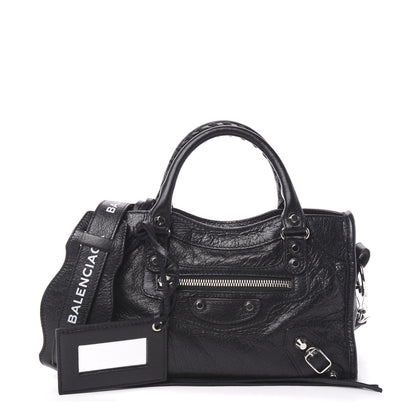 Balenciaga Agneau Classic Silver Hardware Mini City Logo Strap Black White 1 of 9
