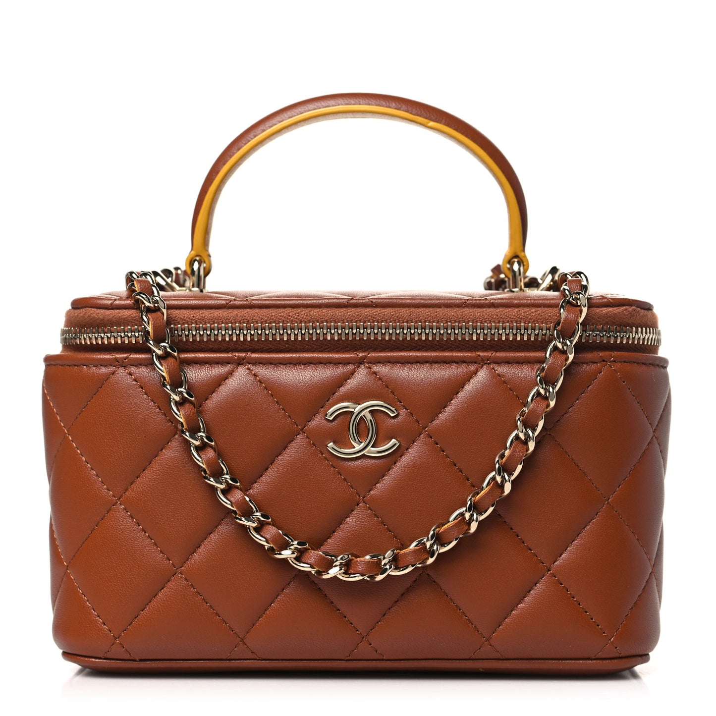 Lambskin Quilted Small Top Handle Vanity Case With Chain Brown Yellow