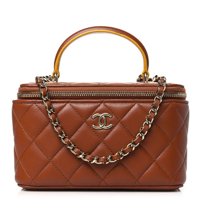 Chanel Lambskin Quilted Small Top Handle Vanity Case With Chain Brown Yellow 1 of 10