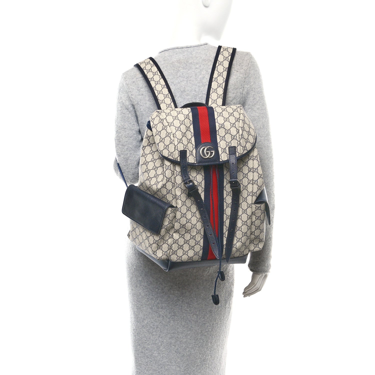 Gucci GG Supreme Monogram Medium Ophidia Double Buckle Backpack Beige Blue Black 2 of 12