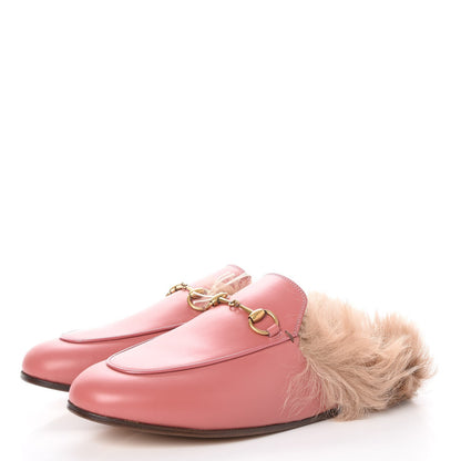 Gucci Calfskin Fur Womens Princetown Slippers 38.5 Lipstick Rose Natural 2 of 9