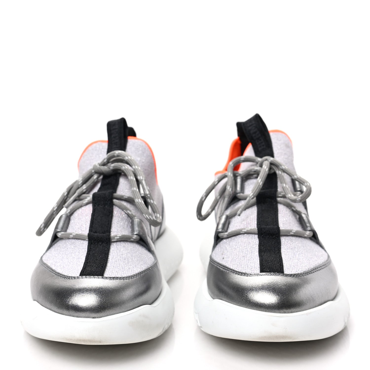 Hermes Knit Metallic Calfskin Womens Duel Sneakers 36 Argent Orange Black 2 of 7