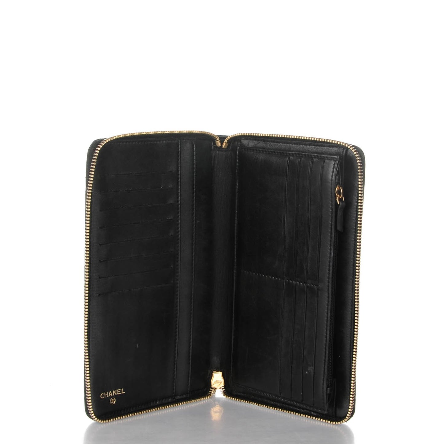 Lambskin Quilted Camellia Zip Around Organizer Wallet Black
