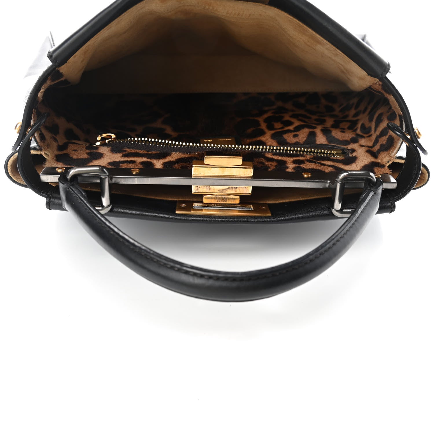 Fendi Calfskin Calf Hair Leopard Print Medium Peekaboo Iconic Satchel Black 5 of 14