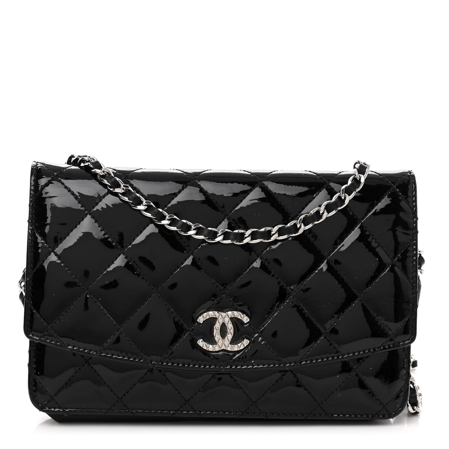 Patent Quilted Brilliant Wallet On Chain WOC Black