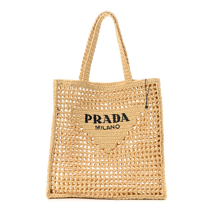 Prada Yarn Raffia Effect Crochet Logo Embroidered Tote Bag Naturale 1 of 9
