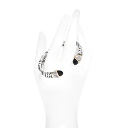 David Yurman Sterling Silver 18K Yellow Gold Diamond Black Onyx Double Cable Bracelet 2 of 4