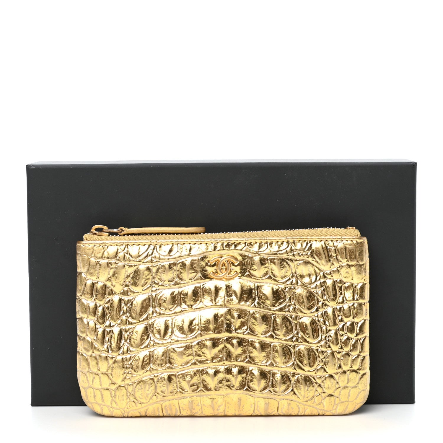Chanel Metallic Calfskin Crocodile Embossed Cocodile Small Cosmetic Case Gold 8 of 10