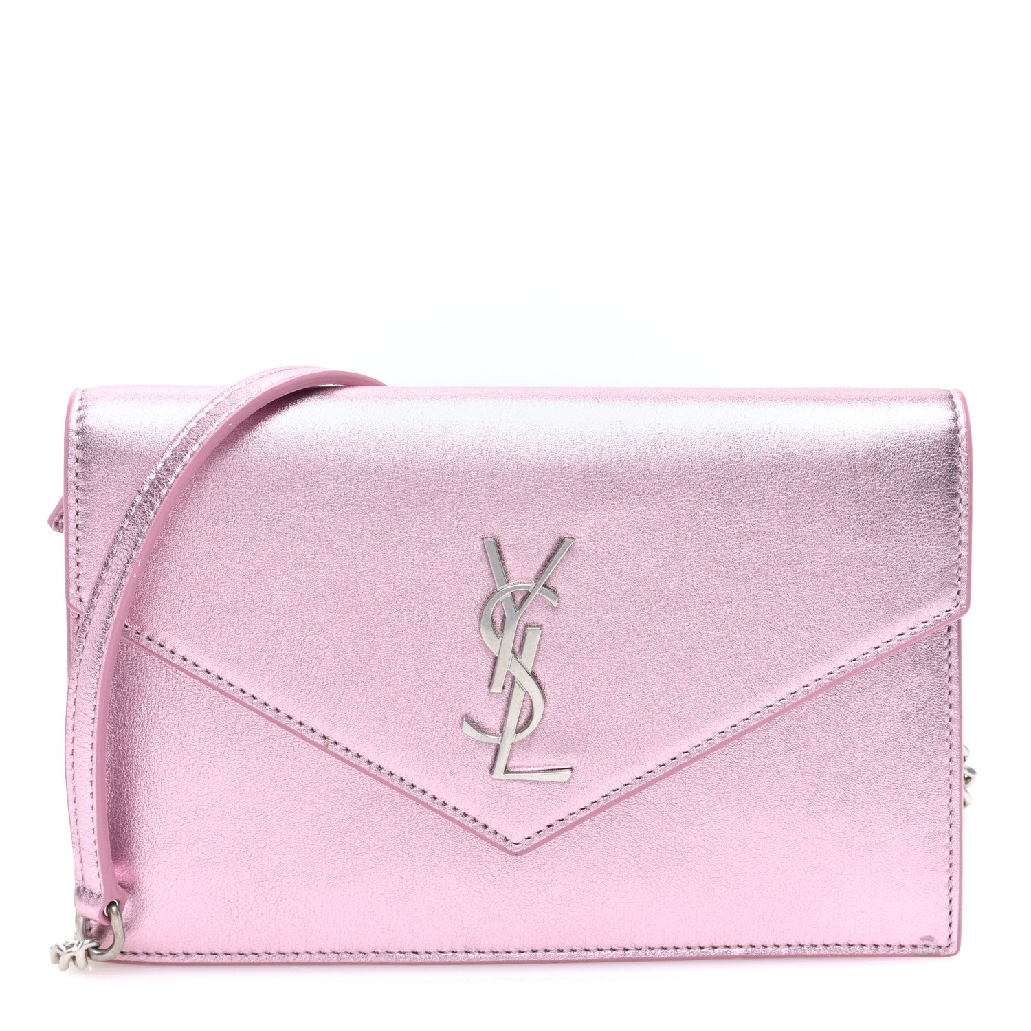 Saint Laurent Metallic Calfskin Monogram Envelope Chain Wallet Pink 1 of 11