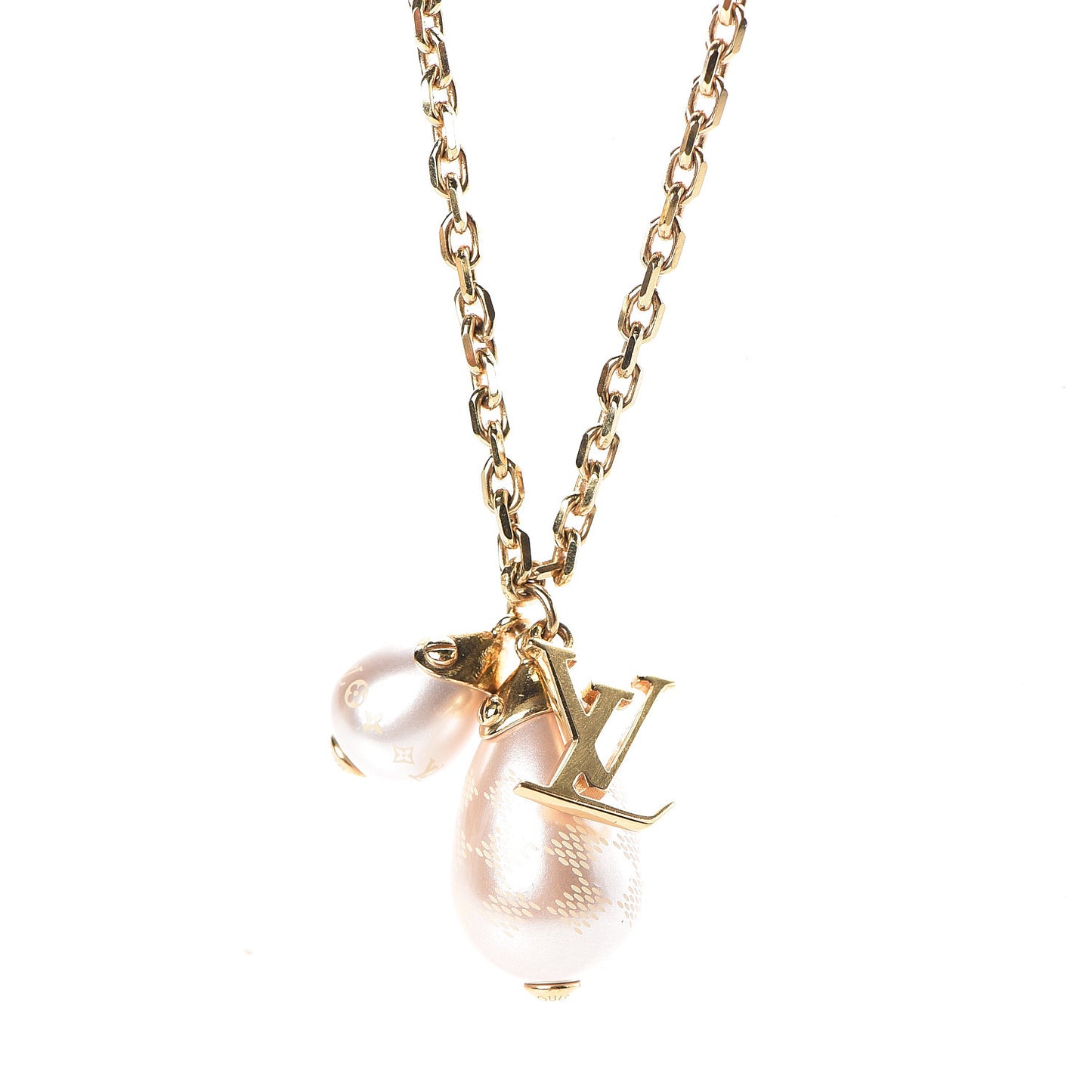 Damier Monogram Pearl Pendant Necklace Gold