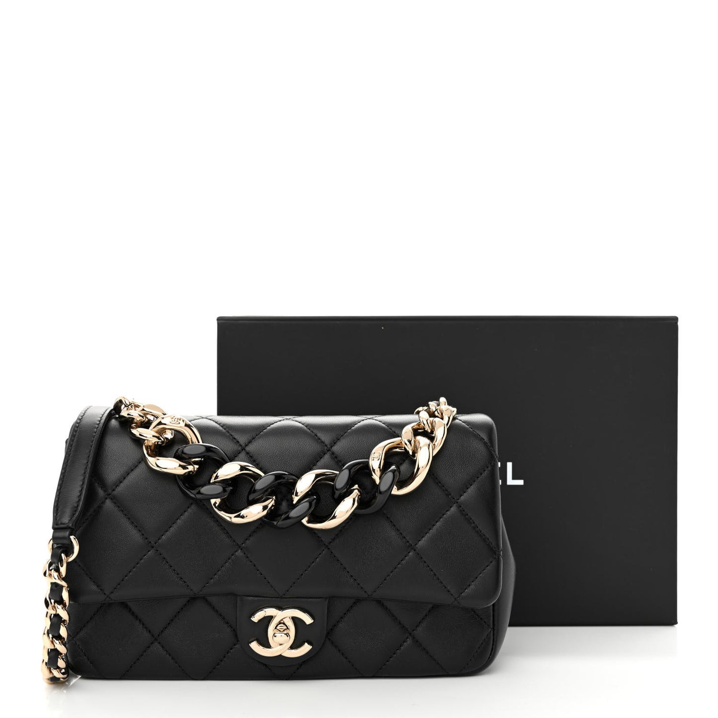 Lambskin Quilted Resin Bi-Color Chain Flap Bag Black