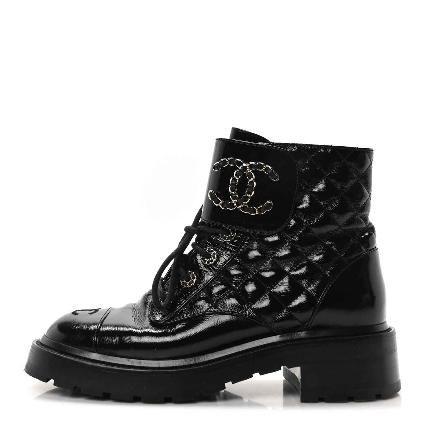 Shiny Calfskin Quilted Lace Up Combat Boots 39 Black