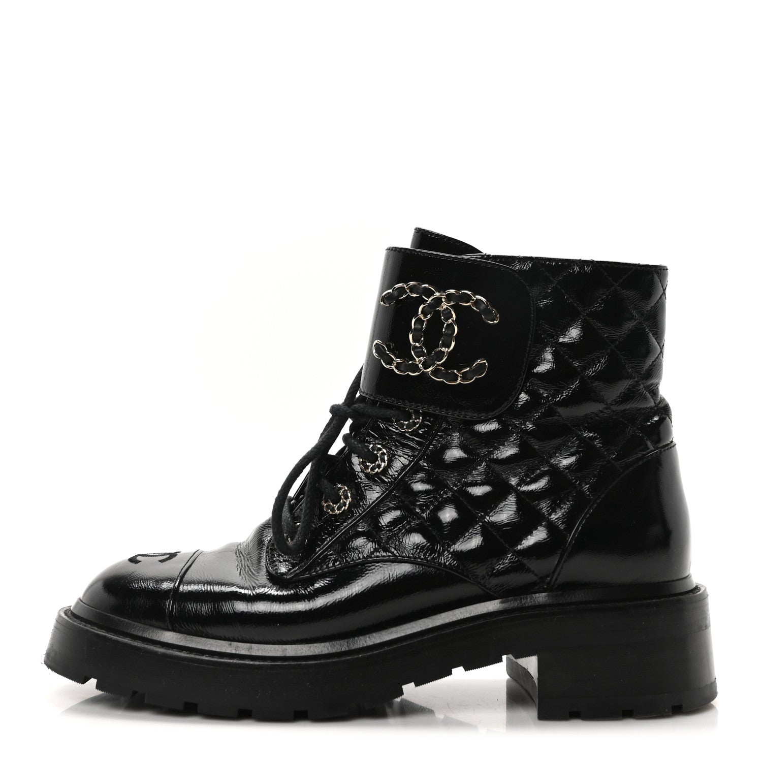 Chanel Shiny Calfskin Quilted Lace Up Combat Boots 39 Black 1 of 9