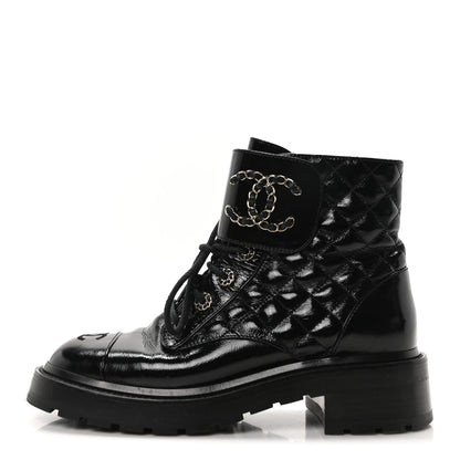 Chanel Shiny Calfskin Quilted Lace Up Combat Boots 39 Black 1 of 9